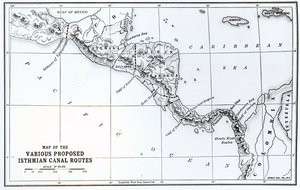 Mapa de las diversas rutas propuestas del canal del istmo
